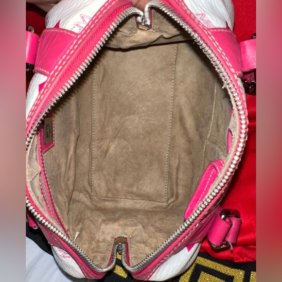 Red and White MCM Small Boston Satchel Bag w/ Brown Suede liner. MCM Monogram - Picture 5 of 16